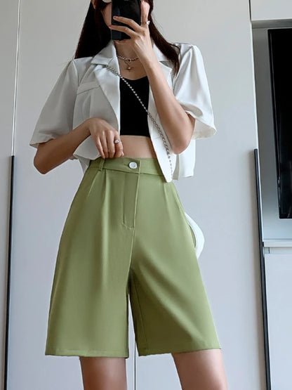 Black High Waist Suit Shorts for Women - Loose Elastic Waist Casual Wide Leg Ice Silk Summer Pants