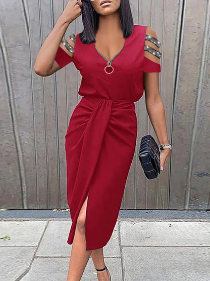 Elegant Womens V-Neck Zipper Dress - Slim Fit Short Sleeve Party Dress