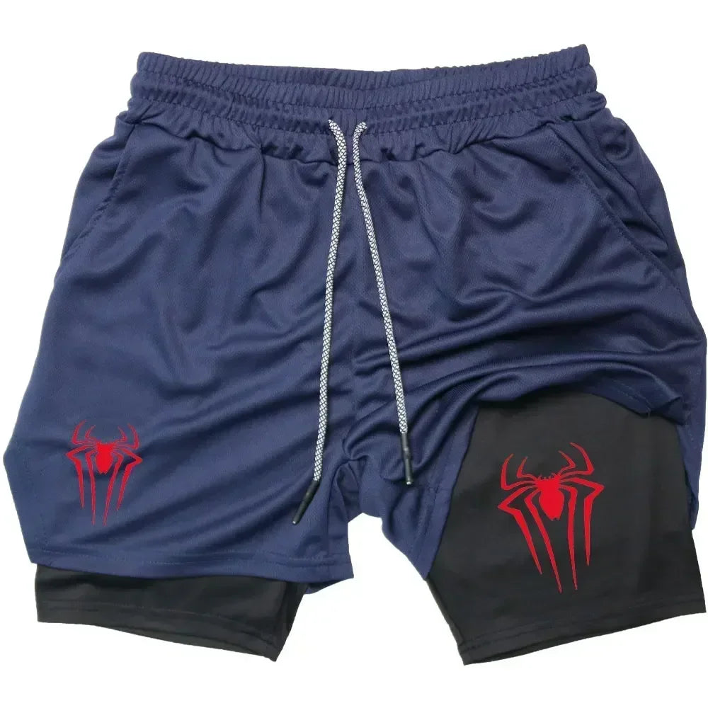 Mens Y2K Spider Print Compression Shorts - 5-Inch Quick-Dry Gym Training Shorts with Pockets Breathable 2-in-1 Design