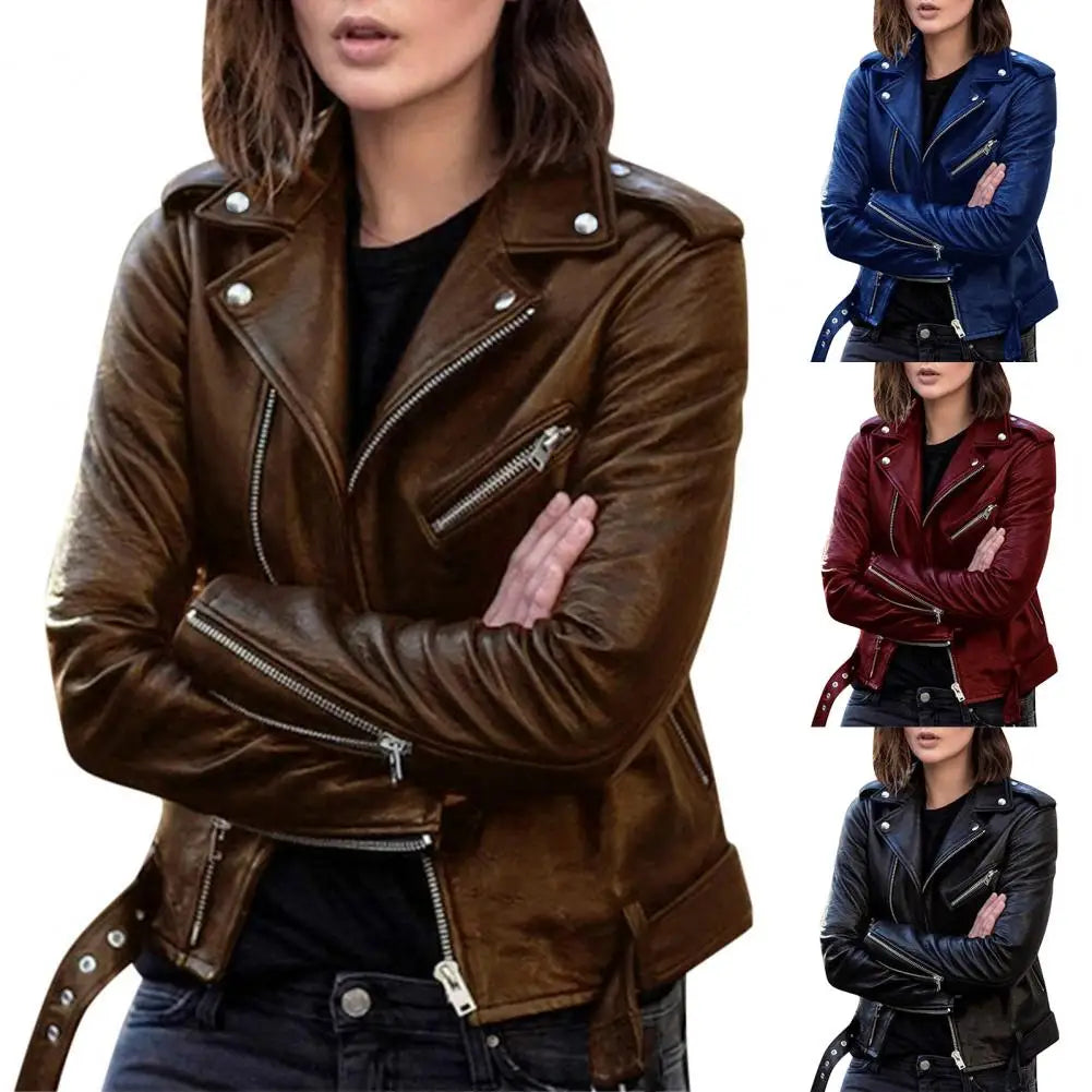 Ladies Faux Leather Moto Jacket - Slim Fit Autumn Biker Outwear