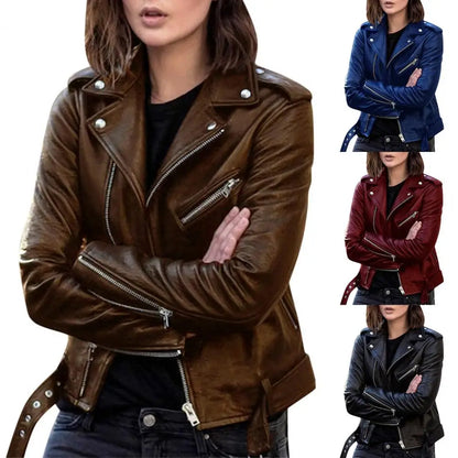 Ladies Faux Leather Moto Jacket - Slim Fit Autumn Biker Outwear