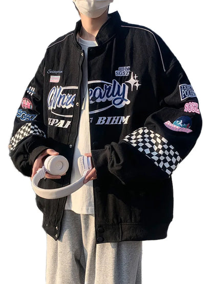 Embroidered Plaid Bomber Jacket - Unisex Y2K Hip Hop Streetwear for Autumn