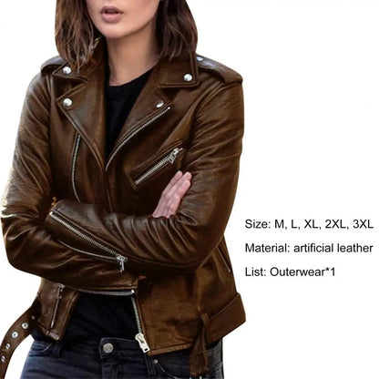 Ladies Faux Leather Moto Jacket - Slim Fit Autumn Biker Outwear