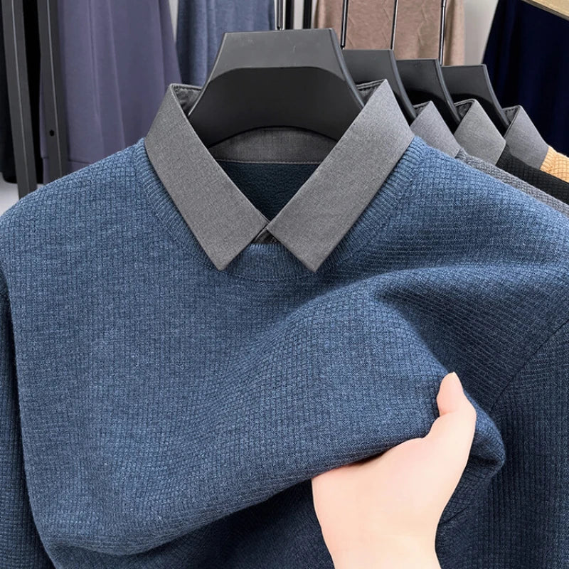 Layered-Look Sweater with Sewn-In Collar - Business Casual Knitwear for Men