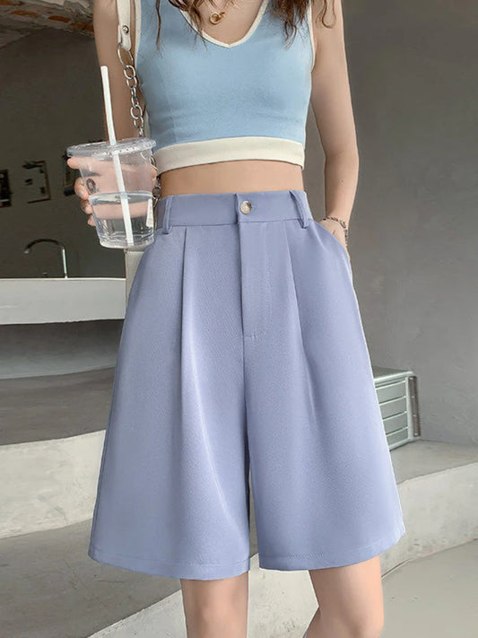 Black High Waist Suit Shorts for Women - Loose Elastic Waist Casual Wide Leg Ice Silk Summer Pants