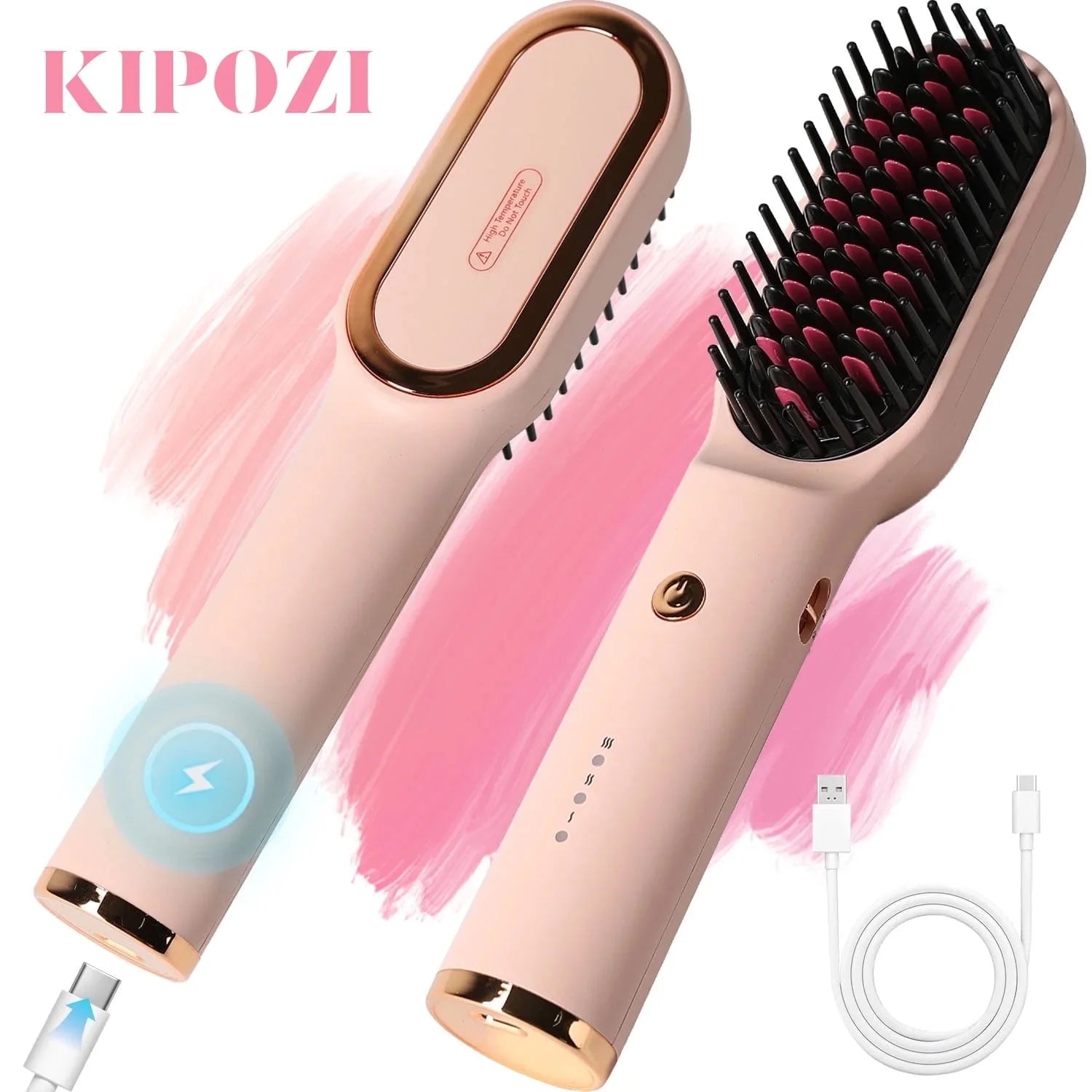 Hair Straightener Brush, Cordless Hair Straightener Brush Portable Hot Comb Straightener, USB Rechargeable & 3 Temp Settings & Anti-Scald, Pink