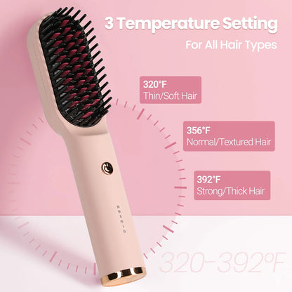 Hair Straightener Brush, Cordless Hair Straightener Brush Portable Hot Comb Straightener, USB Rechargeable & 3 Temp Settings & Anti-Scald, Pink